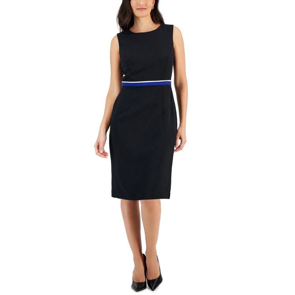 Kasper Petite Contrast Waist Framed Sleeveless Sheath Dress Black
